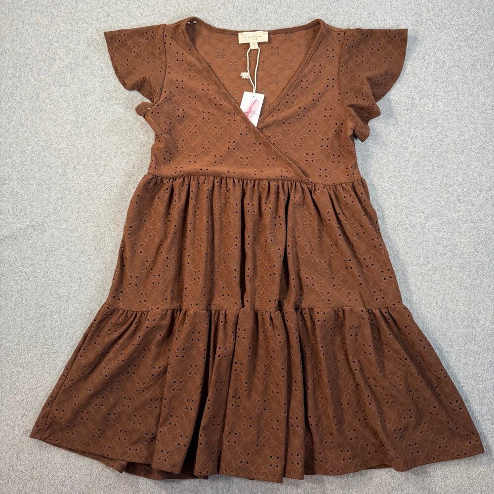 Jessica Simpson Women's Large Brown Eyelet Faux Wrap Tiered Dress Flutter Sleeve